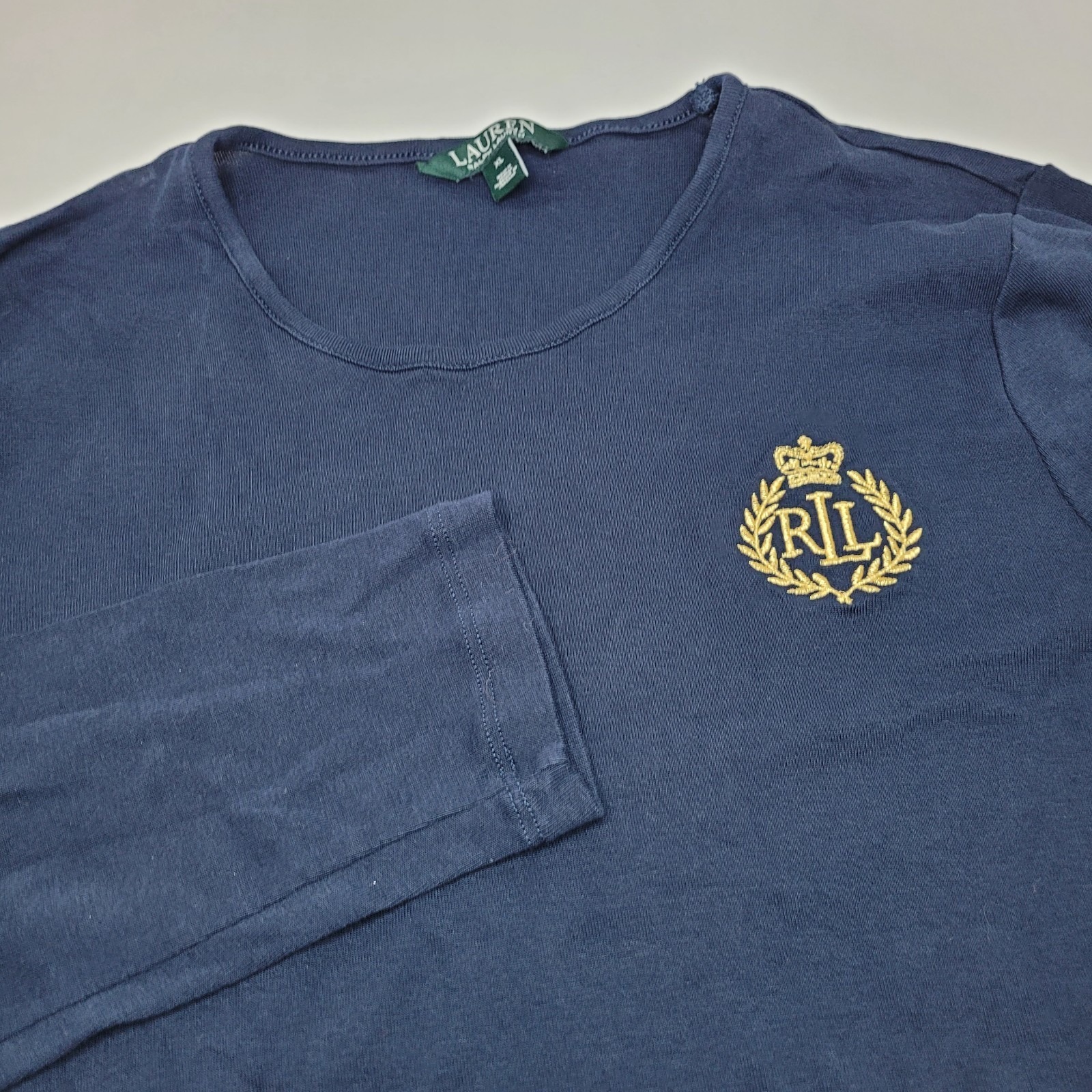 Lauren Ralph Lauren Navy Blue Long Sleeve T Shirt Women's Xlarge Gold Crest Prep